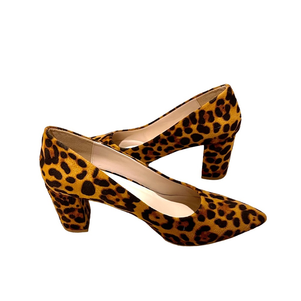Halston Leopard Print Block Heel Pointy Toe Vegan Suede